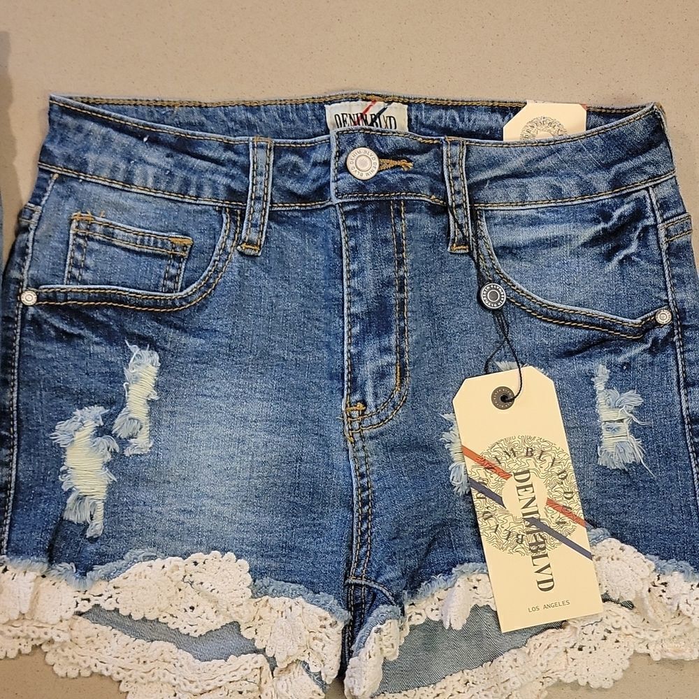Distressed Denim Shorts with Lace Hem - Picture 9 of 13